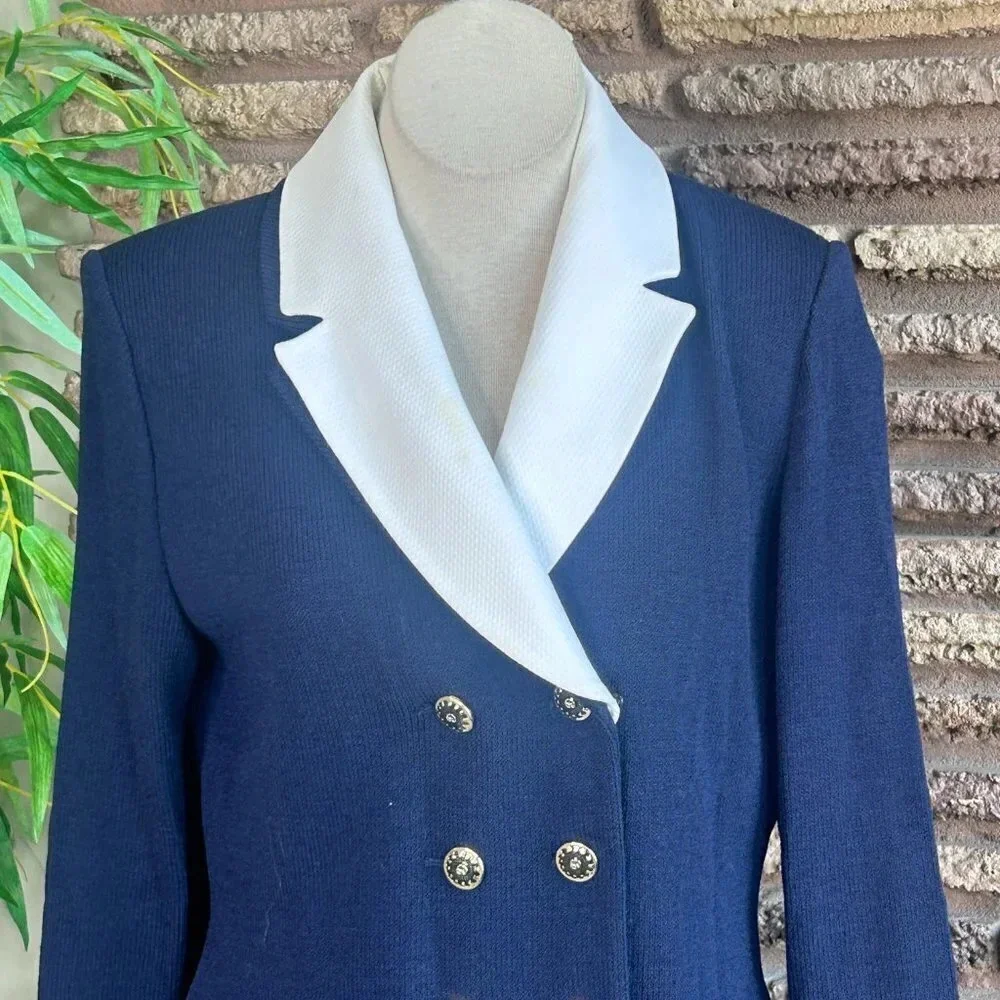 St. John Collection Navy Blue Santana Knit Nautical White Collar Skirt Suit